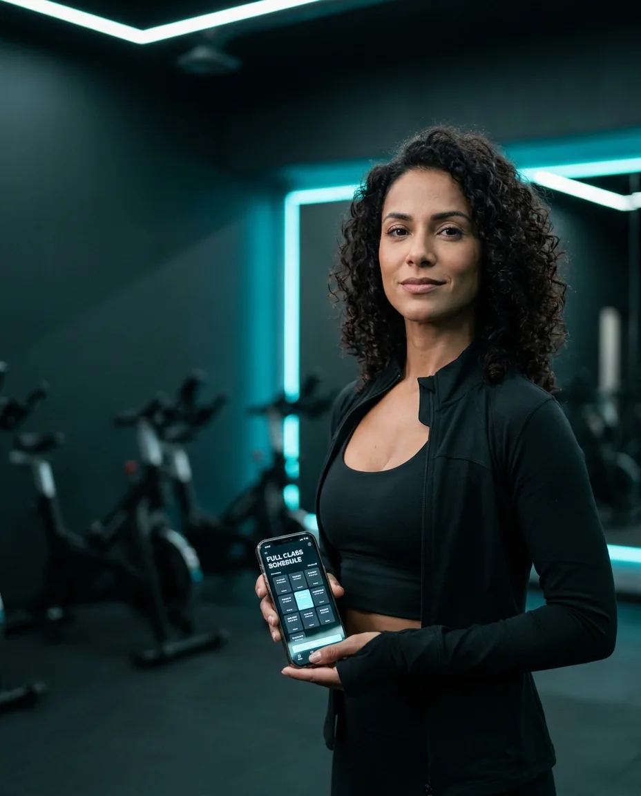Dono de academia tranquilo com a grade cheia e as renovações em dia no celular
