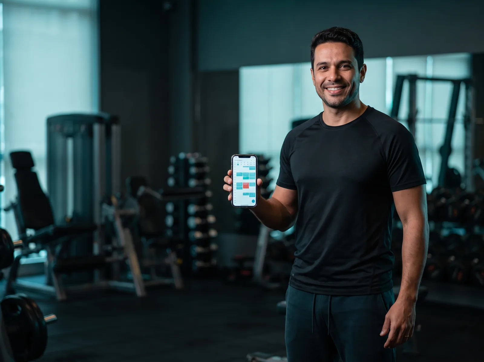 Personal trainer confirmando renovação pelo WhatsApp no celular, academia à noite