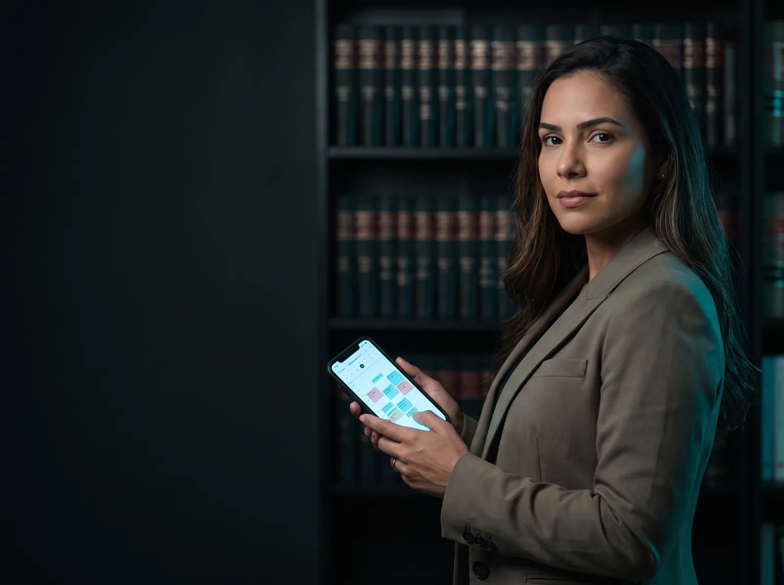 Advogada confirmando atendimento do escritório pelo WhatsApp no celular