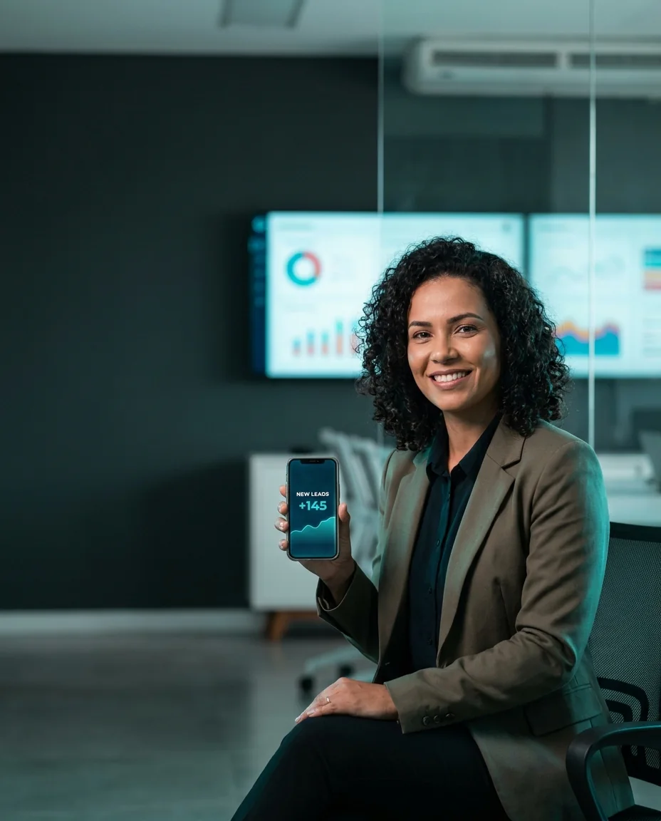 Dono de agência de marketing tranquilo com o funil comercial cheio no celular
