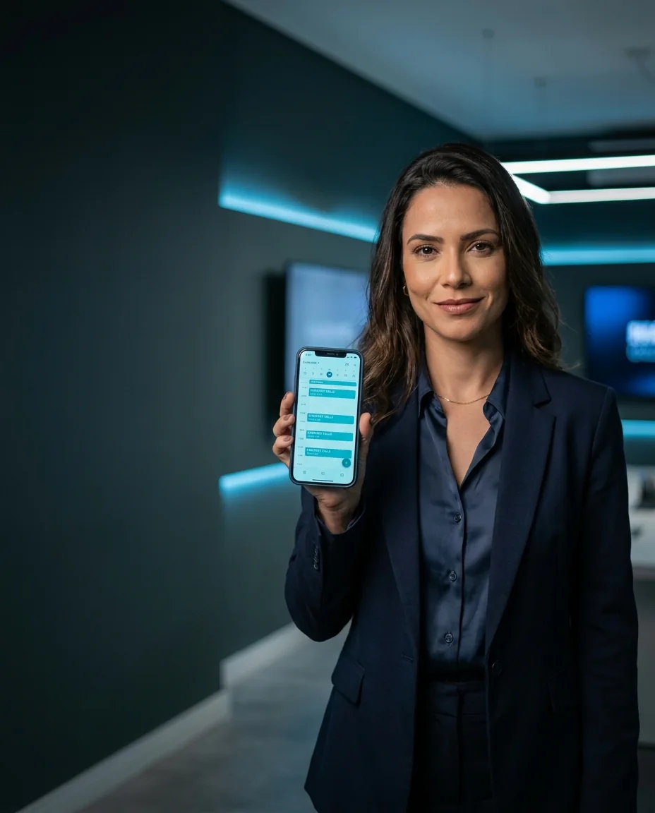 Consultor tranquilo com a agenda de calls organizada no celular