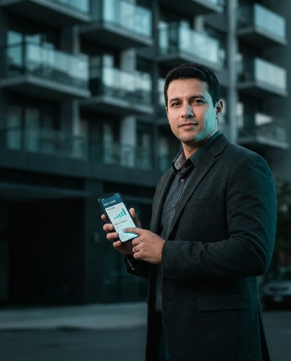 Corretor de imóveis tranquilo com os leads respondidos e as visitas agendadas no celular