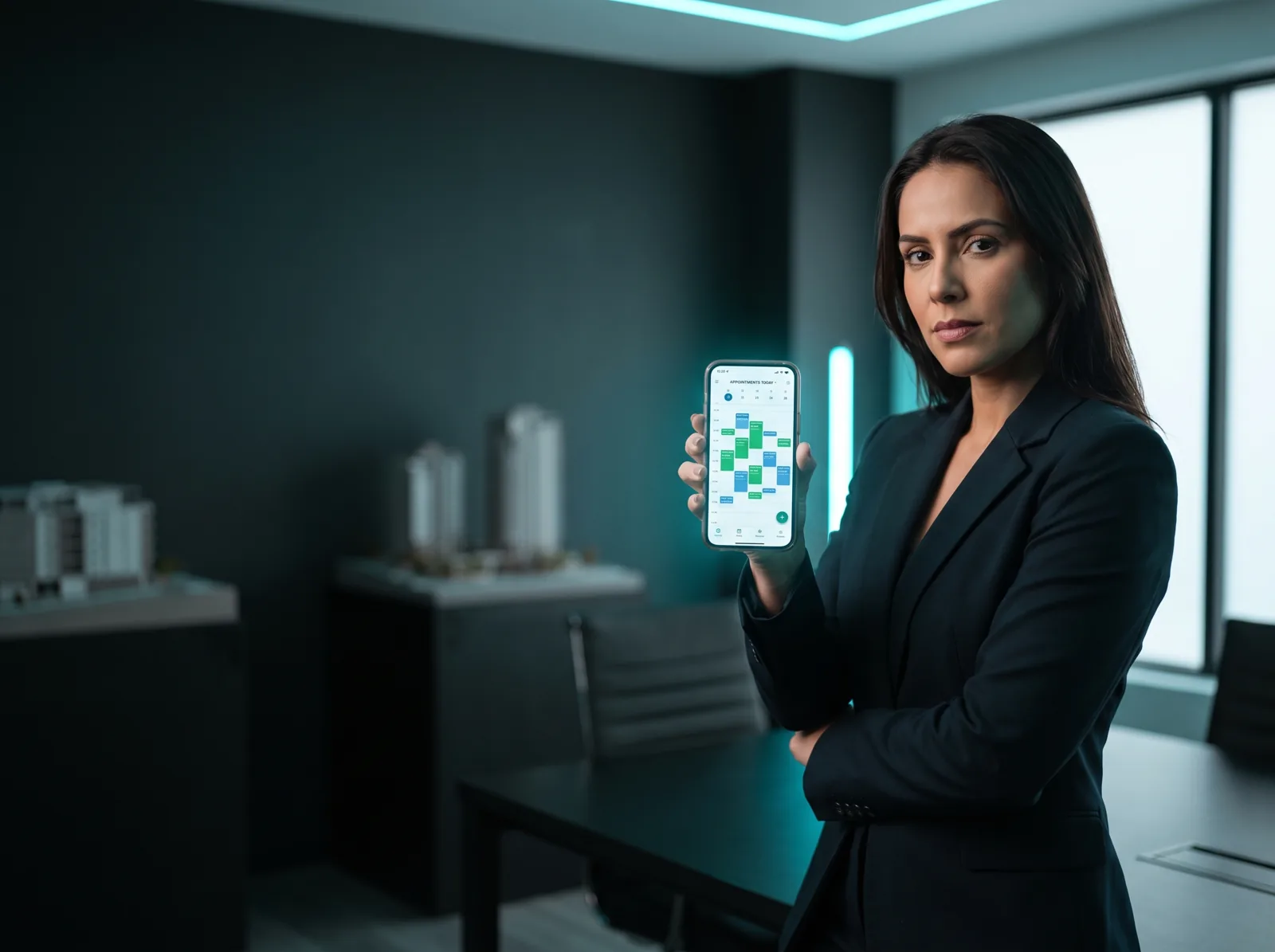 Corretora confirmando visita pelo WhatsApp no celular, apartamento à noite