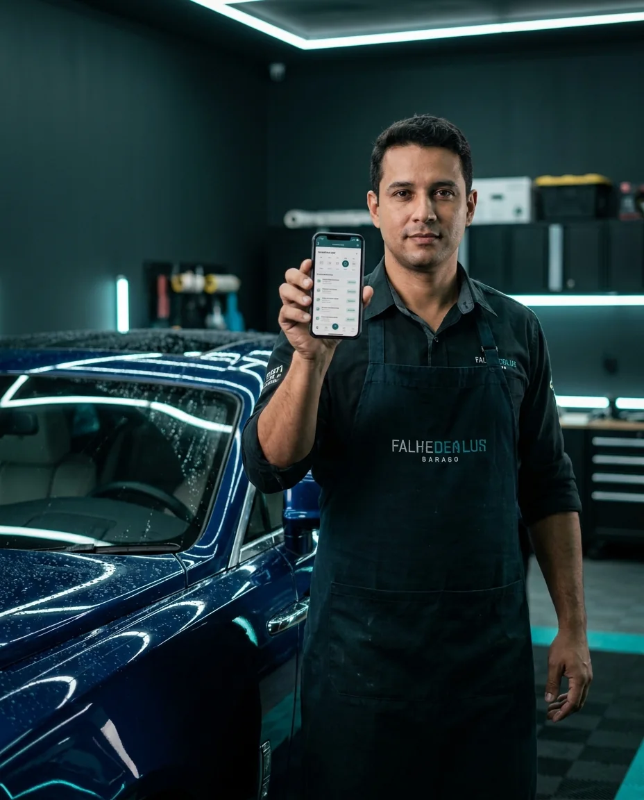 Dono de estética automotiva tranquilo com a agenda cheia no celular