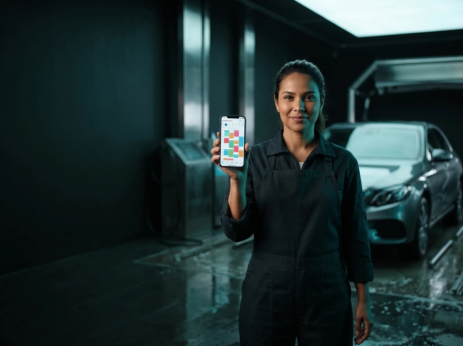 Gerente de estética automotiva confirmando agenda pelo WhatsApp no celular