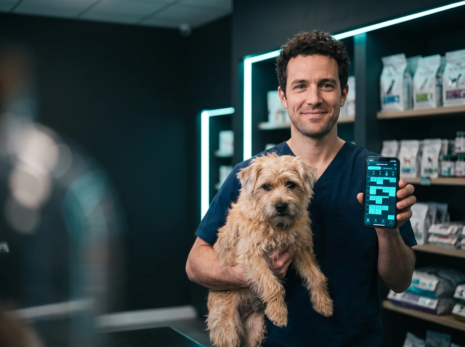 Groomer confirmando agenda de banho pelo WhatsApp no celular, com o pet