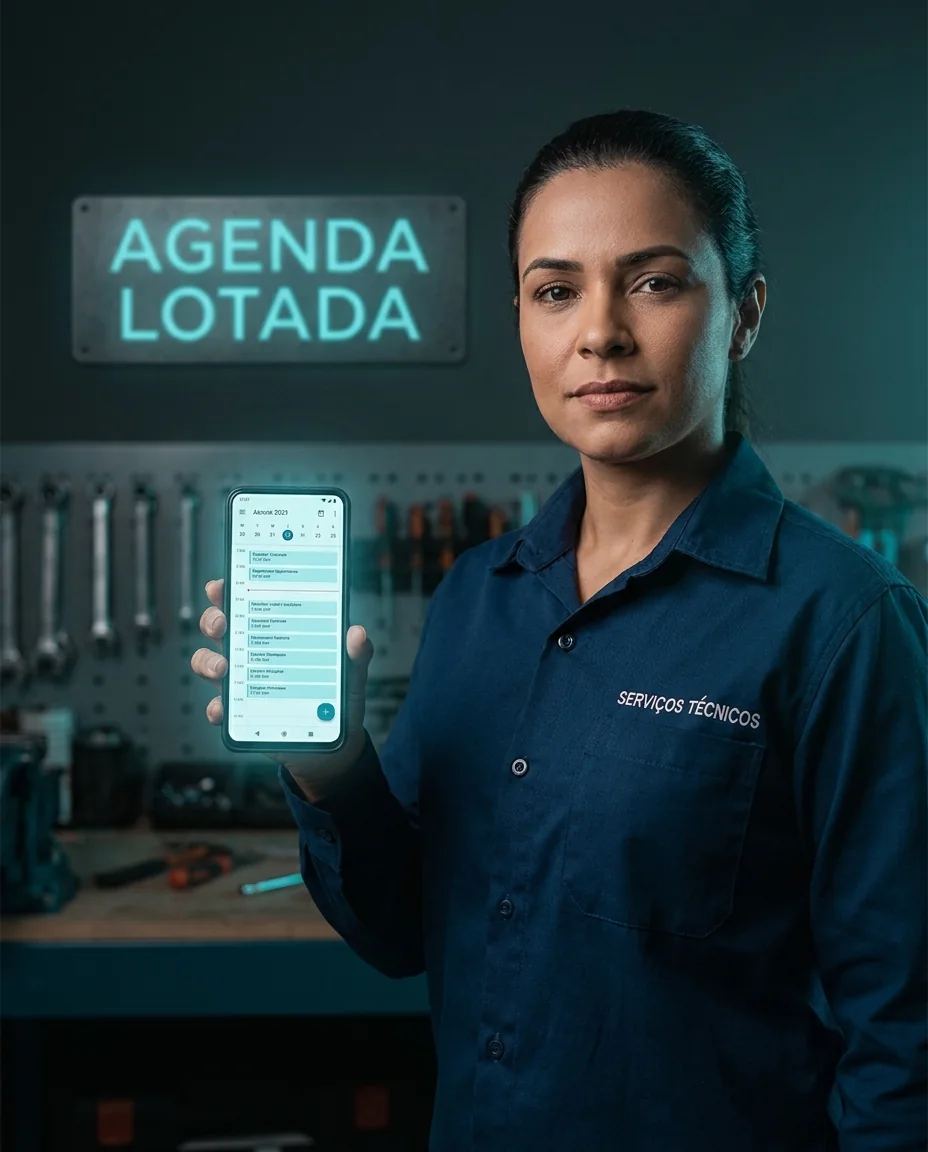 Prestador de serviço tranquilo, com a mão na obra e a agenda cheia no celular