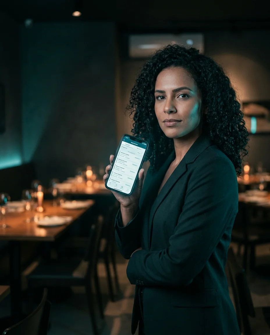 Dono de restaurante tranquilo com as reservas em dia no celular