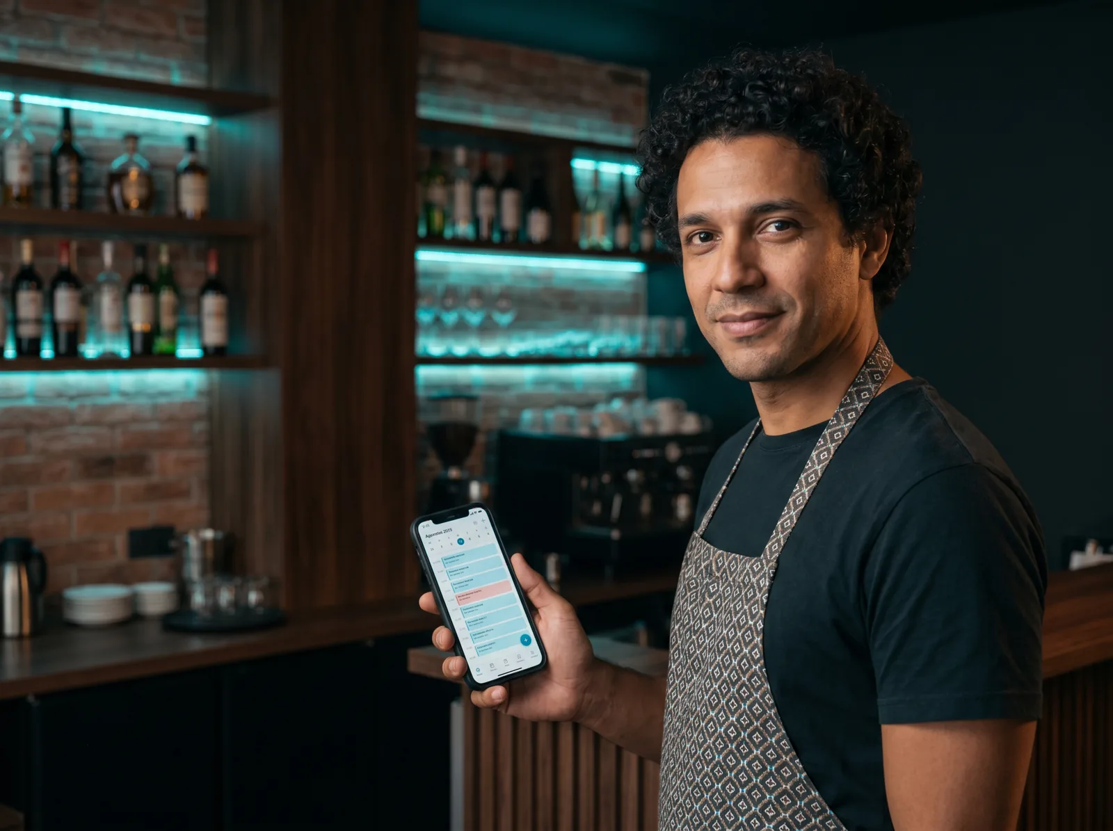 Anfitriã confirmando reserva pelo WhatsApp no celular, restaurante à noite