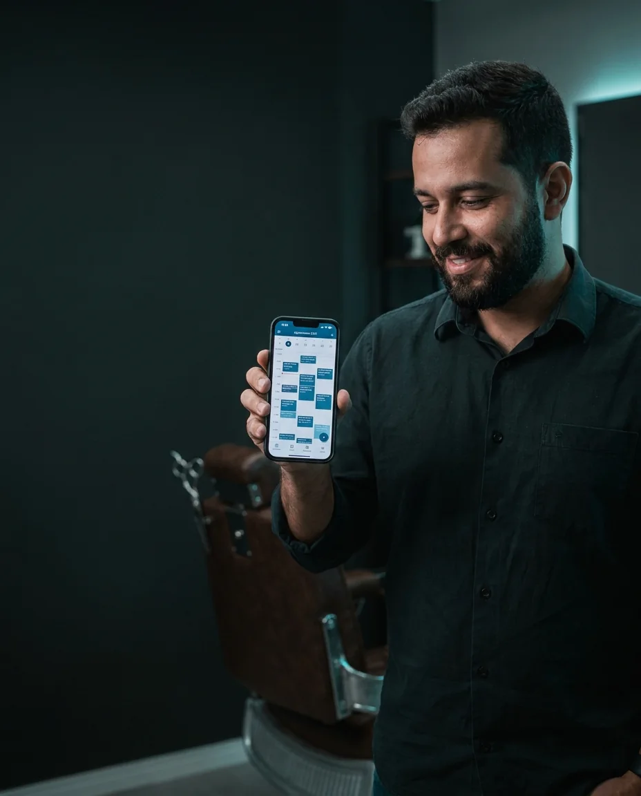 Profissional de salão e barbearia tranquilo com a agenda cheia no celular