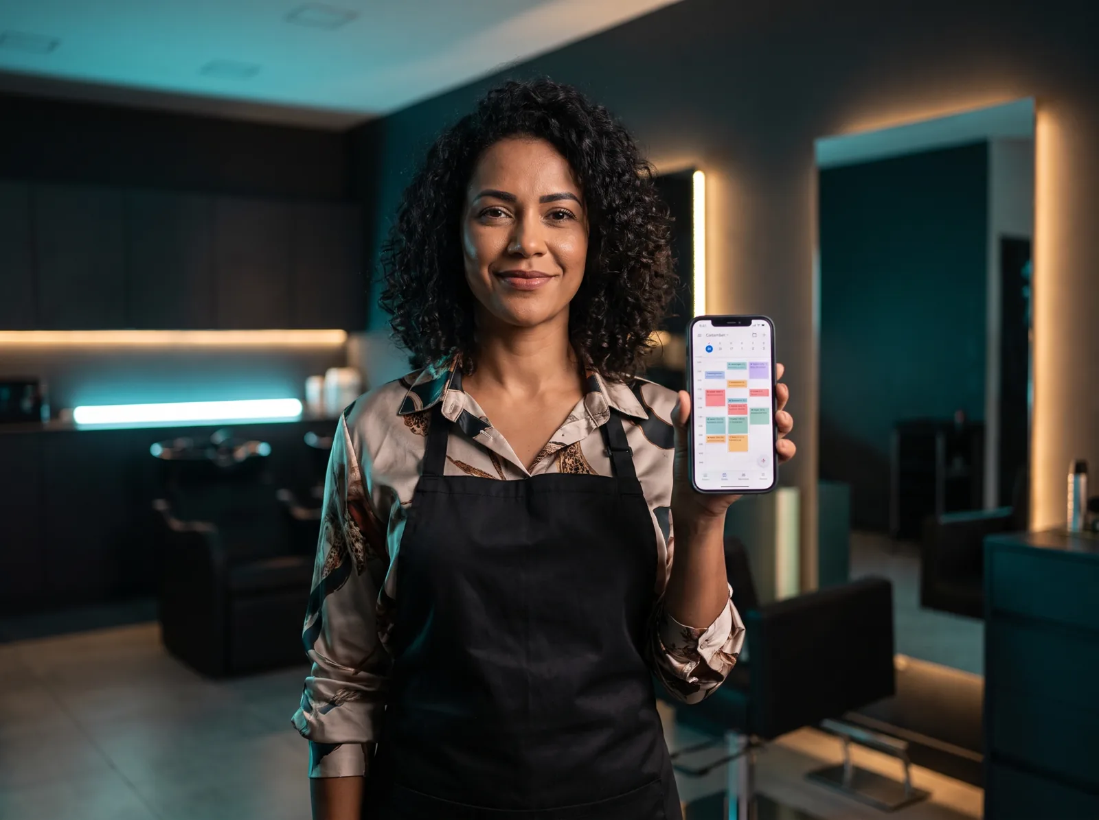 Cabeleireira confirmando agendamento pelo WhatsApp no celular, salão à noite