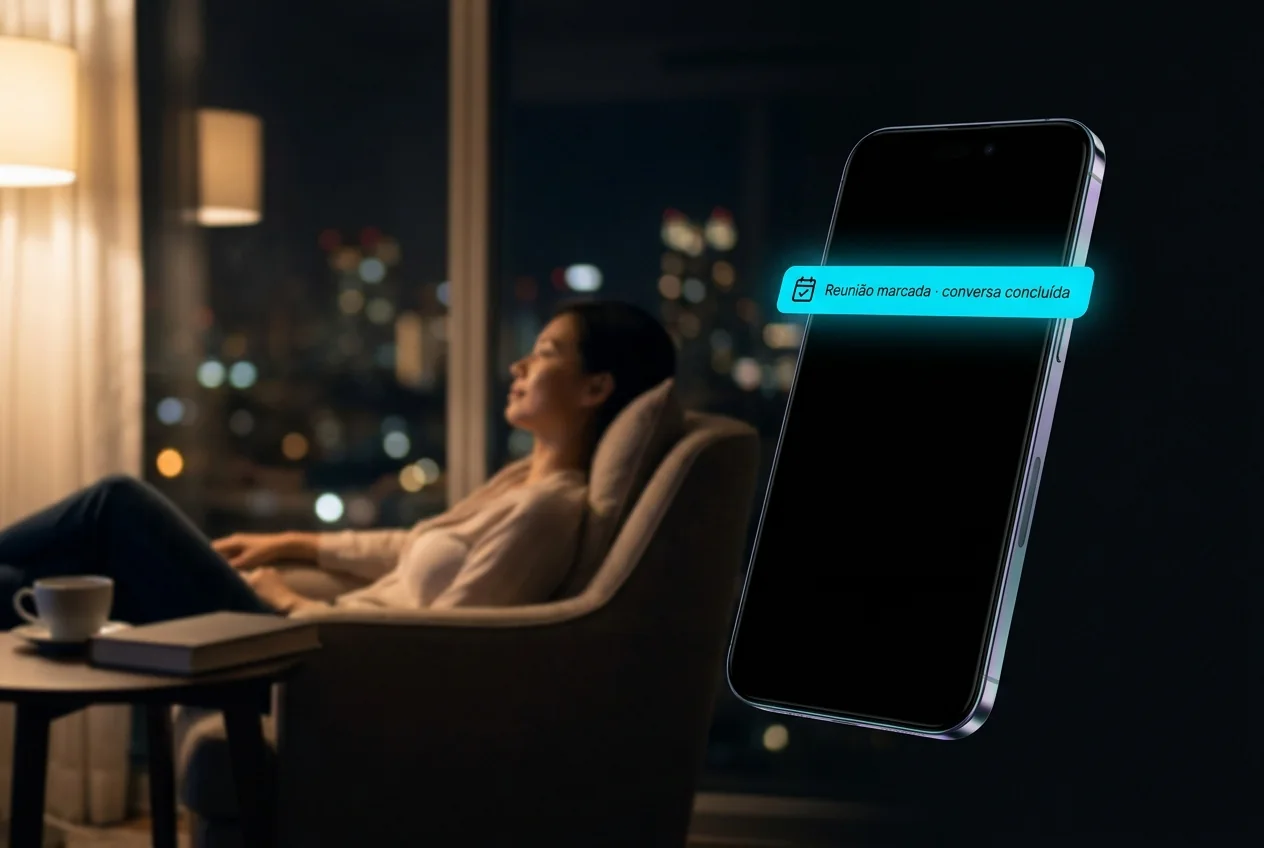 Pessoa descansando à noite, aviso de reunião marcada no celular
